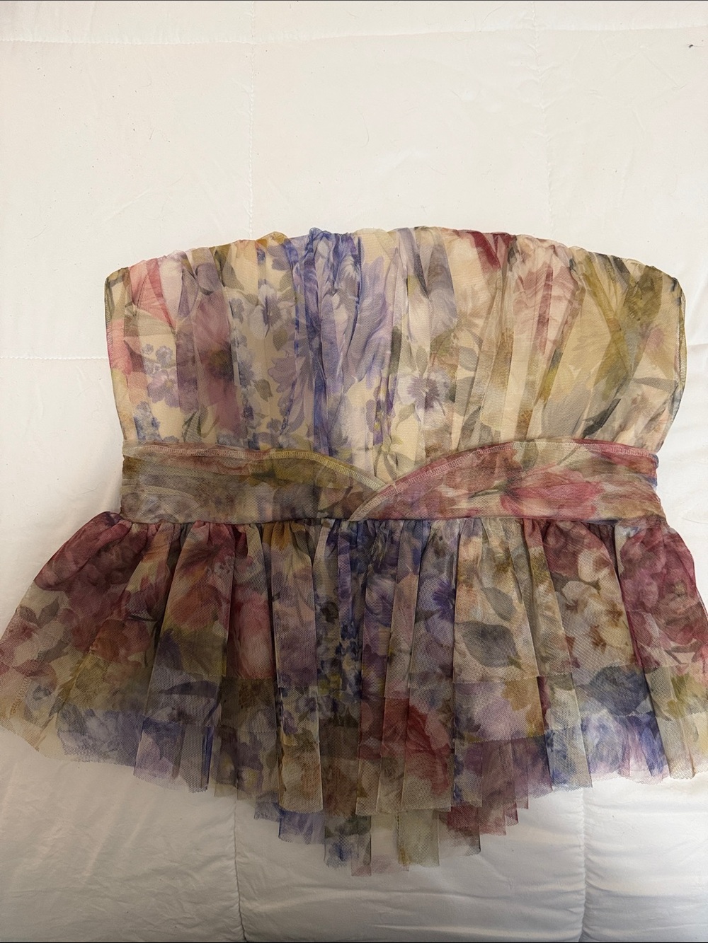 Express Floral Tiered Chiffon Strapless Top in Purple, Pink, Yellow